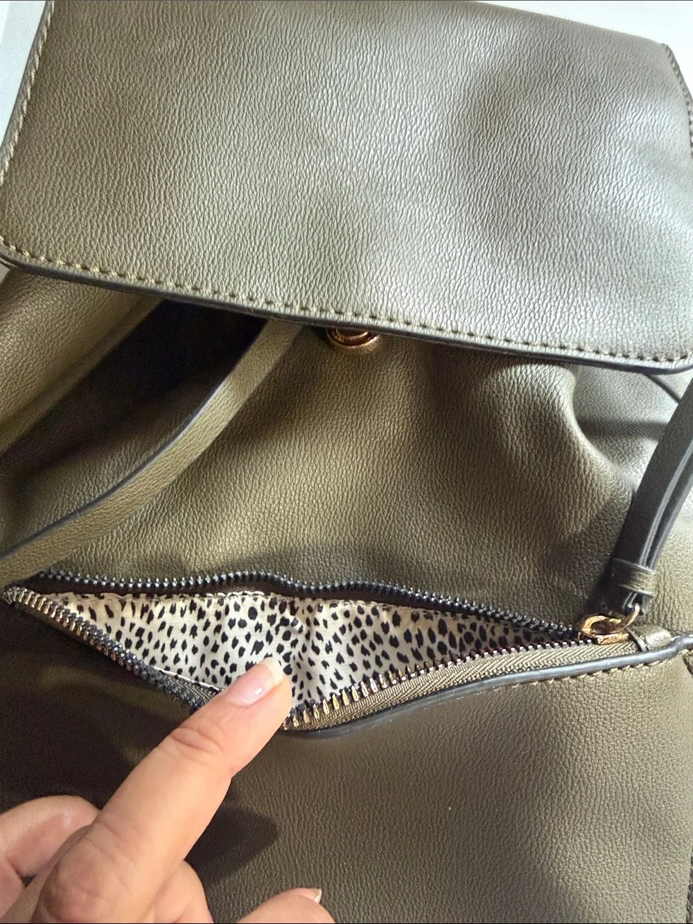 Mathew + Julian Olive Green Faux Leather Backpack Drawstring Flap Pocket Women’s